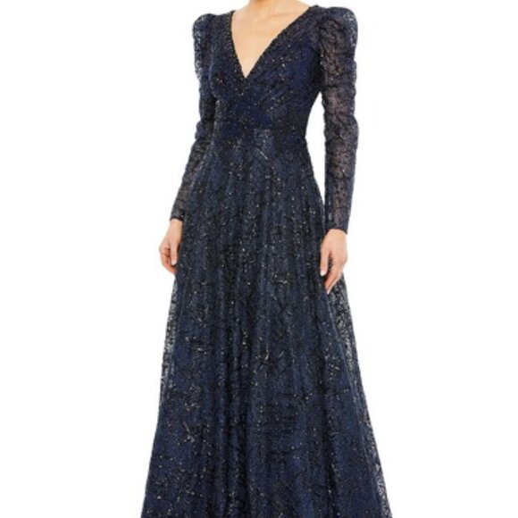 Mac Duggal Midnight Blue Sequin Long Sleeve A-Line Gown - Picture 1 of 5